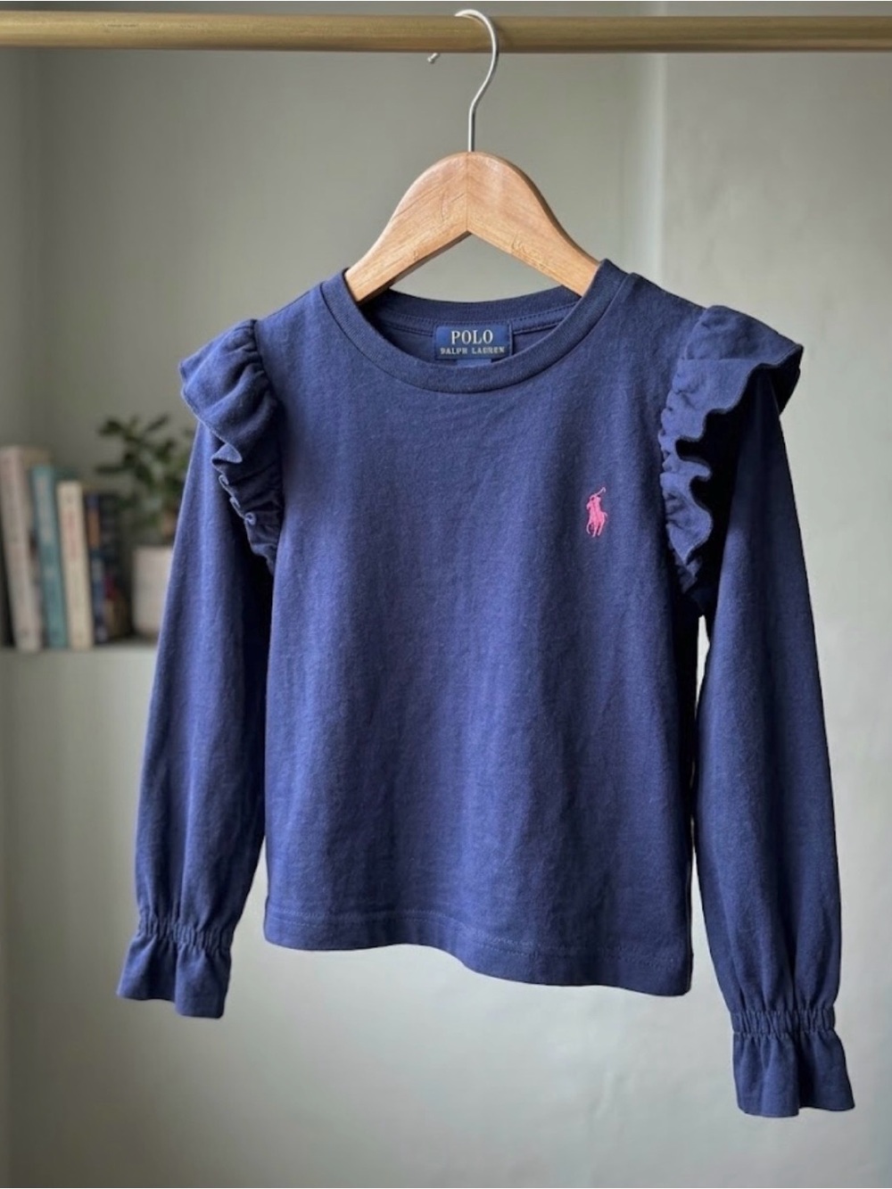 Polo by Ralph Lauren Navy Long-Sleeve Ruffle Shoulder Tee with Pink Pony